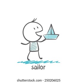 sailor playing with a paper ship illustration