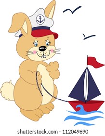 Sailor rabbit playing with a boat