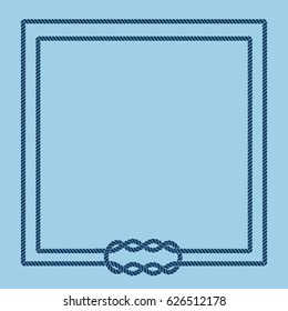 Sailor rope knot picture frame. Blank poster template with nautical border. Graphic design element. Wedding invitation, baby shower, birthday card, scrapbooking. Vector illustration.