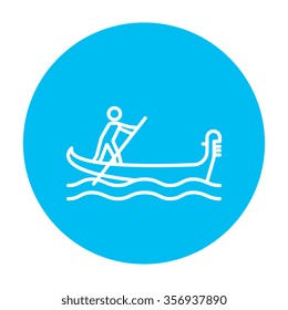 Sailor rowing a boat line icon for web, mobile and infographics. Vector white icon on the light blue circle isolated on white background.