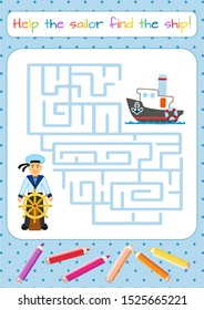 Sailor in Russian naval military uniform. Labyrinth, maze. Educational game for children. Cartoon vector illustration