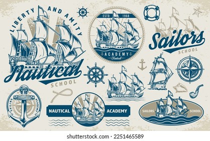 Sailor school set colorful labels with vintage sailing ships and items from sea vessels for nautical academy decorations vector illustration