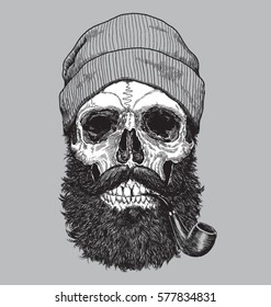 Sailor sea captain hipster skull and pipe