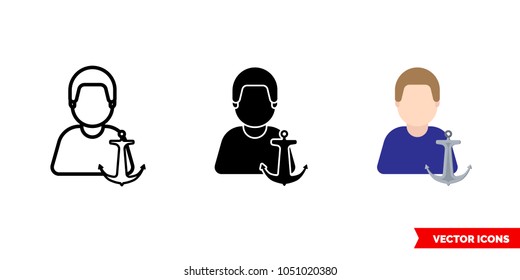 Sailor seafarer seaman icon of 3 types: color, black and white, outline. Isolated vector sign symbol.