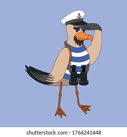 Sailor seagull or captain in a singlet and with binoculars looks into the distance. Cartoon character albatross mascot