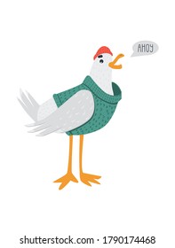 Sailor seagull in knitted sweater and wool hat says AHOY. Vector cute character. Isolated