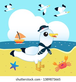 Sailor seagull on the beach with funny crab and starfish.
