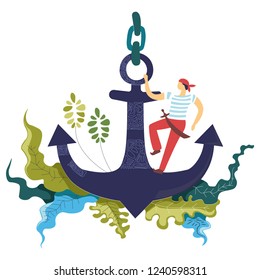 Sailor, seaman with saber standing on the anchor, floral greenery motif concept art