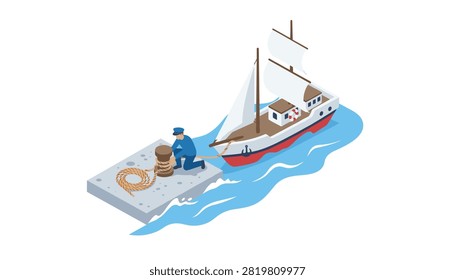 Sailor securing a large two masted sailing ship to a concrete dock using a thick rope tied around a mooring bollard.