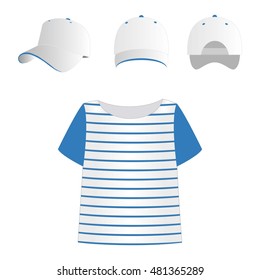 Sailor set t-shirt and cap light blue with white line vector illustration