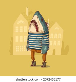 Sailor shark, vector illustration. Anthropomorphic shark, with massive arms and anchor tattoo, in sailor's uniform, standing against buildings' silhouettes. Quirky animal character with human body