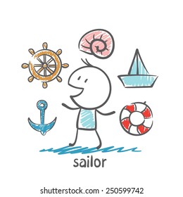 sailor with shells, anchor, ship and lifeline illustration