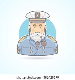 Sailor, ship captain, flag officer, sea dog, man in uniform with smoking pipe icon. Avatar and person illustration. Flat colored outlined style. Vector illustration.