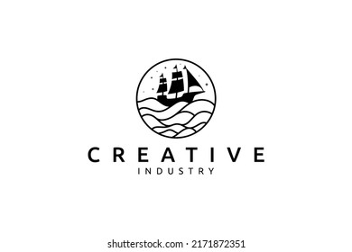 sailor ship or sailing ship logo with waves and stars in circle frame in line art design style