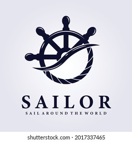 sailor ship steer nautical summer logo vector illustration design with rope anchor