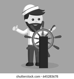 sailor with ship steering wheel black and white style 