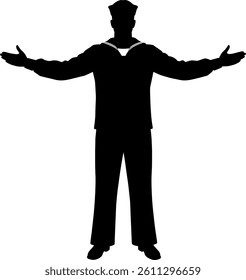Sailor silhouette stands welcoming gesturing with open arms on white background