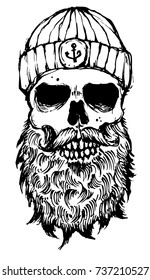 Sailor Skull With Beard Hand Drawn Vector