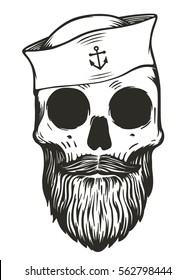 Sailor Skull With Beards And Mustache Wearing Sailor Hat