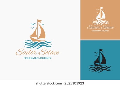 Sailor Solace: Logotipo da viagem dos pescadores: Um projeto náutico com um navio e mares calmos, representando paz e aventura. Perfeito para cartas de pesca, retiros costeiros. Vetor EPS em camadas