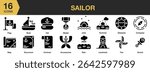 Sailor solid icon set. Includes sailor, sea, marine, ship, ocean, nautical, and More. Solid icons vector collection.
