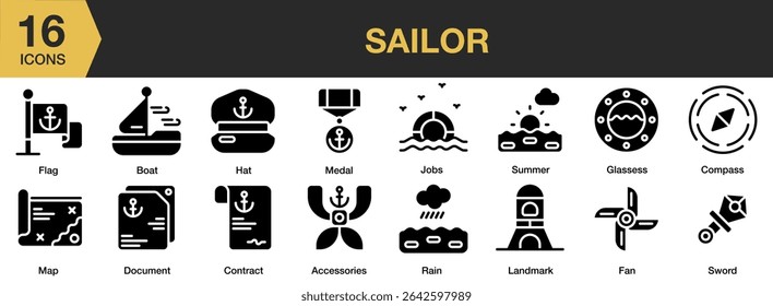Sailor solid icon set. Includes sailor, sea, marine, ship, ocean, nautical, and More. Solid icons vector collection.