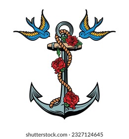Sailor spirit. Anchor with roses and birds on grunge background. Old school tattoo style anchor. Vector illustration.