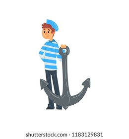 Sailor standing with anchor, seaman character in striped singlet and cap vector Illustration on a white background