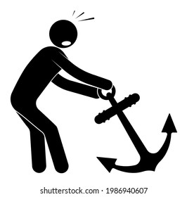 Sailor, Stick Man Pulls Heavy Boat Anchor. Performing An Impossible Task. Isolated Vector On White Background