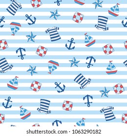 Sailor stripe nautical with boat, anchor, float, shirt. A playful, modern, and flexible pattern for brand who has cute and fun style. Repeated pattern. Happy, bright, and nautical mood. Suits for kids