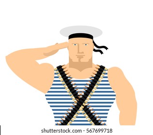 Sailor in striped vest and peakless cap. February 23 Day of Fatherland Defenders in Russia. Russian naval soldier