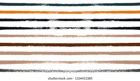 Sailor Stripes Seamless Vector Summer Pattern. Autumn Color Brown, Orange, Blue, Red, Grey, White, Ocher Stripes. Hipster Vintage Retro Textile Design. Creative Horizontal Banner. Old Style Watercolor