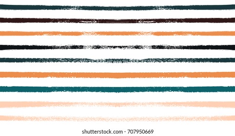 Sailor Stripes Seamless Vector Summer Pattern. Autumn Color Brown, Orange, Blue, Red, Grey, White, Ocher Stripes. Hipster Vintage Retro Textile Design. Creative Horizontal Banner. Old Style Watercolor