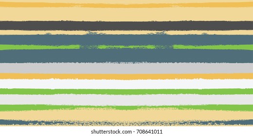 Sailor Stripes Seamless Vector Summer Pattern. Autumn Colors Textile Green, Ocher, White, Yellow, Gray Fabric Print. Hipster Vintage Retro Stripes Design. Creative Horizontal Banner. Watercolor Prints