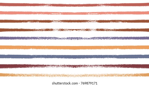 Sailor Stripes Seamless Vector Summer Pattern. Autumn Colors Brown, Orange, Purple, Red, Grey, White, Ocher Stripes. Hipster Vintage Retro Textile Design. Creative Horizontal Banner. Old Watercolor.