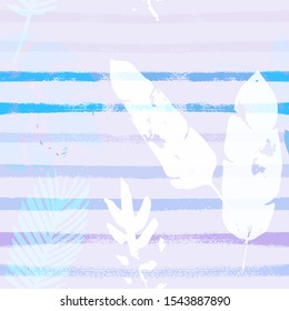 Sailor Stripes Vector Seamless Pattern, Blue Pink Purple Indigo Floral Textile. Brushed Jungle Leaves Winter Fabric. Childrens Graffiti Background. Exotic Tropical Seamless Fabric