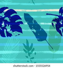 Sailor Stripes Vector Seamless Pattern, Blue Pink Purple Indigo Floral Textile. Cool Chick Jungle Leaves Winter Fabric. Childrens Trendy Background. Exotic Floral Seamless Textile