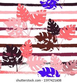 Sailor Stripes Vector Seamless Pattern, Blue Pink Purple Indigo Floral Textile. Adventure Jungle Leaves Autumn Fabric. Childrens Hipster Background. Exotic Tropical Seamless Fabric