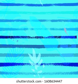 Sailor Stripes Vector Seamless Pattern, Blue Pink Purple Indigo Floral Textile. Bohemian Jungle Leaves Autumn Fabric. Female Grunge Background. Tropical Floral Seamless Fabric