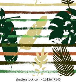 Sailor Stripes Vector Seamless Pattern, Brown Green Khaki Exotic Floral Print. Hand Painted Jungle Leaves Summer Fabric. Female Uneven Background. Tropic Exotic Seamless Textile