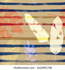 Sailor Stripes Vector Seamless Pattern, Blue, White, Yellow Exotic Floral Print. Brushed Jungle Leaves Autumn Fabric. Childrens Hipster Background. Exotic Floral Seamless Design