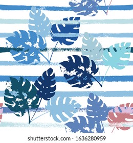 Sailor Stripes Vector Seamless Pattern, Blue Pink Purple Indigo Floral Textile. Brushed Jungle Leaves Summer Fabric. Female Graffiti Background. Exotic Floral Seamless Textile