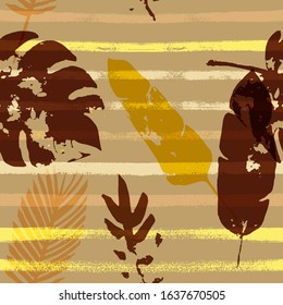 Sailor Stripes Vector Seamless Pattern, Brown Yellow Earth Tone Exotic Fabric. Adventure Jungle Leaves Autumn Fabric. Male Grunge Background. Tropical Fabric Seamless Print