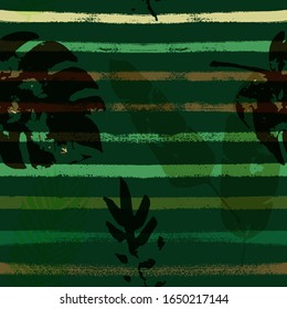 Sailor Stripes Vector Seamless Pattern, Brown Green Khaki Exotic Floral Print. Botanical Jungle Leaves Autumn Fabric. Female Eclectic Background. Exotic Floral Seamless Design