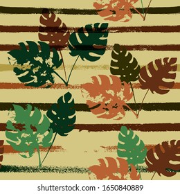 Sailor Stripes Vector Seamless Pattern, Brown Green Khaki Exotic Floral Print. Sketched Jungle Leaves Summer Fabric. Childrens Uneven Background. Exotic Tropical Seamless Fabric