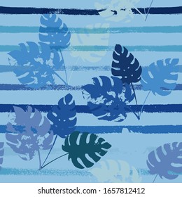 Sailor Stripes Vector Seamless Pattern, Blue Pink Purple Indigo Floral Textile. Trendy Boho Jungle Leaves Winter Fabric. Childrens Trendy Background. Exotic Floral Seamless Print