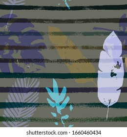Sailor Stripes Vector Seamless Pattern, Brown Green Khaki Exotic Floral Print. Sketched Jungle Leaves Winter Fabric. Female Retro Background. Exotic Floral Seamless Design
