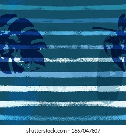 Sailor Stripes Vector Seamless Pattern, Blue Pink Purple Indigo Floral Textile. Bohemian Jungle Leaves Autumn Fabric. Childrens Vintage Background. Tropical Fabric Seamless Print