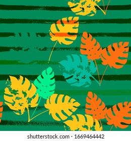 Sailor Stripes Vector Seamless Pattern, Orange Green Vivid Exotic Floral Fabric Design.  Brushed Jungle Leaves Autumn Fabric. Male Retro Background. Tropical Floral Seamless Fabric