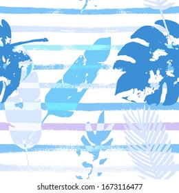 Sailor Stripes Vector Seamless Pattern, Blue Pink Purple Indigo Floral Textile. Adventure Jungle Leaves Autumn Fabric. Childrens Trendy Background. Exotic Floral Seamless Textile